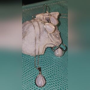 Sterling Silver With Blue Lace Agate Pendant/Necklace, Earrings & Ring Set